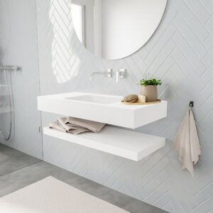 MONDIAZ ALAN badmeubel 100 solid surface planchet talc vrijhangend wastafel midden zonder kraangat wit
