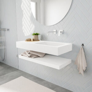 MONDIAZ ALAN badmeubel 100 solid surface planchet talc vrijhangend wastafel rechts zonder kraangat wit