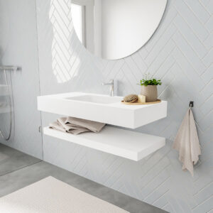 MONDIAZ ALAN badmeubel 100 solid surface planchet talc vrijhangend wastafel midden 1 kraangat wit