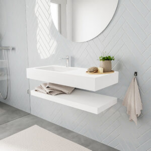 MONDIAZ ALAN badmeubel 100 solid surface planchet talc vrijhangend wastafel links 1 kraangat wit