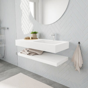 MONDIAZ ALAN badmeubel 100 solid surface planchet talc vrijhangend wastafel rechts 1 kraangat wit