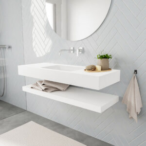 MONDIAZ ALAN badmeubel 120 solid surface planchet talc vrijhangend wastafel midden zonder kraangat wit