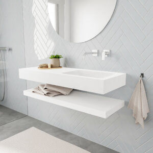 MONDIAZ ALAN badmeubel 120 solid surface planchet talc vrijhangend wastafel rechts zonder kraangat wit