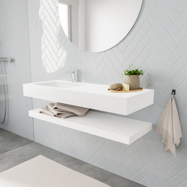 MONDIAZ ALAN badmeubel 120 solid surface planchet talc vrijhangend wastafel links 1 kraangat wit
