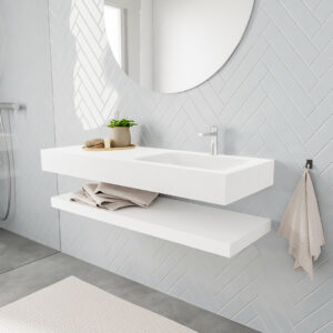 MONDIAZ ALAN badmeubel 120 solid surface planchet talc vrijhangend wastafel rechts 1 kraangat wit