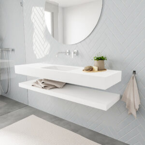 MONDIAZ ALAN badmeubel 150 solid surface planchet talc vrijhangend wastafel midden zonder kraangat wit