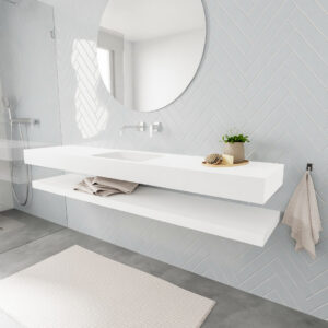 MONDIAZ ALAN badmeubel 200 solid surface planchet talc vrijhangend wastafel midden zonder kraangat wit