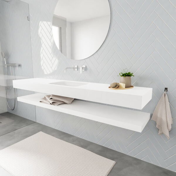 MONDIAZ ALAN badmeubel 200 solid surface planchet talc vrijhangend wastafel midden zonder kraangat wit