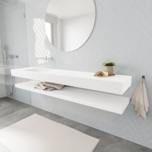 MONDIAZ ALAN badmeubel 200 solid surface planchet talc vrijhangend wastafel links zonder kraangat wit