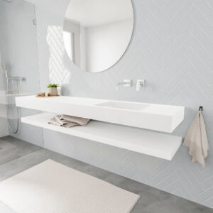 MONDIAZ ALAN badmeubel 200 solid surface planchet talc vrijhangend wastafel rechts zonder kraangat wit