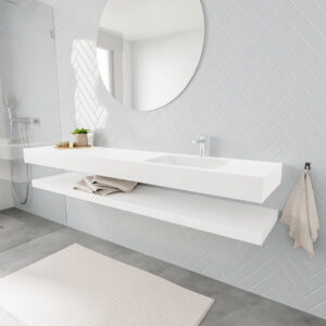 MONDIAZ ALAN badmeubel 200 solid surface planchet talc vrijhangend wastafel rechts 1 kraangat wit