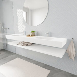 MONDIAZ ALAN badmeubel 200 solid surface planchet talc vrijhangend wastafel dubbel 2 kraangaten wit