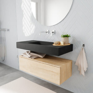 MONDIAZ ALAN badmeubel 100 washed oak 1 lade vrijhangend wastafel midden zonder kraangat zwart