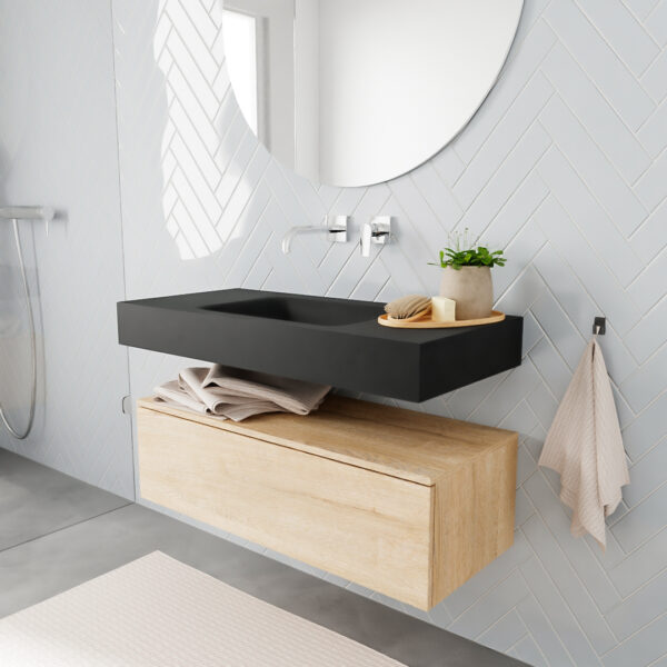 MONDIAZ ALAN badmeubel 100 washed oak 1 lade vrijhangend wastafel midden zonder kraangat zwart