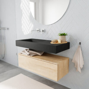 MONDIAZ ALAN badmeubel 100 washed oak 1 lade vrijhangend wastafel links zonder kraangat zwart