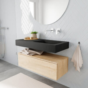 MONDIAZ ALAN badmeubel 100 washed oak 1 lade vrijhangend wastafel rechts zonder kraangat zwart