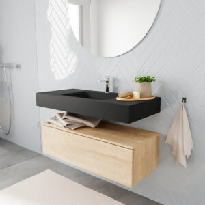 MONDIAZ ALAN badmeubel 100 washed oak 1 lade vrijhangend wastafel midden 1 kraangat zwart