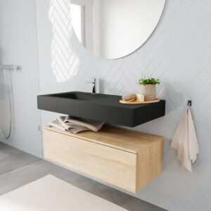 MONDIAZ ALAN badmeubel 100 washed oak 1 lade vrijhangend wastafel links 1 kraangat zwart