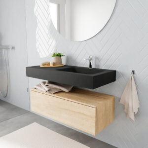MONDIAZ ALAN badmeubel 100 washed oak 1 lade vrijhangend wastafel rechts 1 kraangat zwart