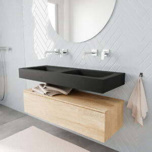 MONDIAZ ALAN badmeubel 120 washed oak 1 lade vrijhangend wastafel dubbel zonder kraangat zwart