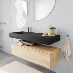 MONDIAZ ALAN badmeubel 120 washed oak 1 lade vrijhangend wastafel links 1 kraangat zwart