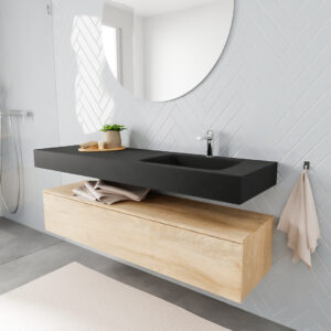 MONDIAZ ALAN badmeubel 150 washed oak 1 lade vrijhangend wastafel rechts 1 kraangat zwart