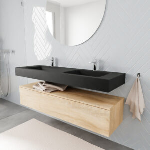 MONDIAZ ALAN badmeubel 150 washed oak 1 lade vrijhangend wastafel dubbel 2 kraangaten zwart