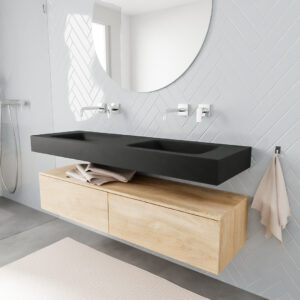 MONDIAZ ALAN badmeubel 150 washed oak 2 lades vrijhangend wastafel dubbel zonder kraangat zwart