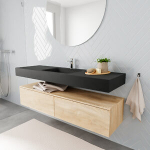 MONDIAZ ALAN badmeubel 150 washed oak 2 lades vrijhangend wastafel midden 1 kraangat zwart