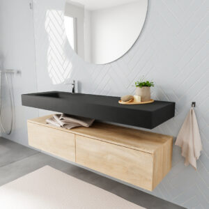 MONDIAZ ALAN badmeubel 150 washed oak 2 lades vrijhangend wastafel links 1 kraangat zwart