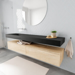 MONDIAZ ALAN badmeubel 200 washed oak 2 lades vrijhangend wastafel links zonder kraangat zwart