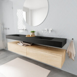 MONDIAZ ALAN badmeubel 200 washed oak 2 lades vrijhangend wastafel dubbel zonder kraangat zwart