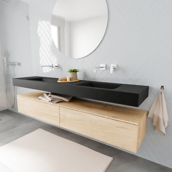MONDIAZ ALAN badmeubel 200 washed oak 2 lades vrijhangend wastafel dubbel zonder kraangat zwart