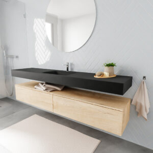 MONDIAZ ALAN badmeubel 200 washed oak 2 lades vrijhangend wastafel midden 1 kraangat zwart