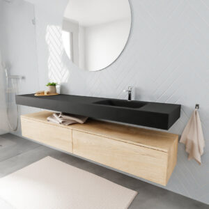 MONDIAZ ALAN badmeubel 200 washed oak 2 lades vrijhangend wastafel rechts 1 kraangat zwart