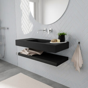 MONDIAZ ALAN badmeubel 100 solid surface planchet urban vrijhangend wastafel midden zonder kraangat zwart