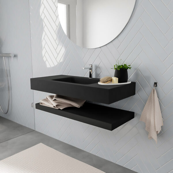 MONDIAZ ALAN badmeubel 100 solid surface planchet urban vrijhangend wastafel midden 1 kraangat zwart