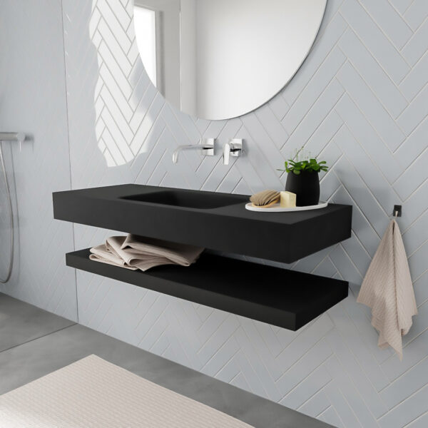 MONDIAZ ALAN badmeubel 120 solid surface planchet urban vrijhangend wastafel midden zonder kraangat zwart