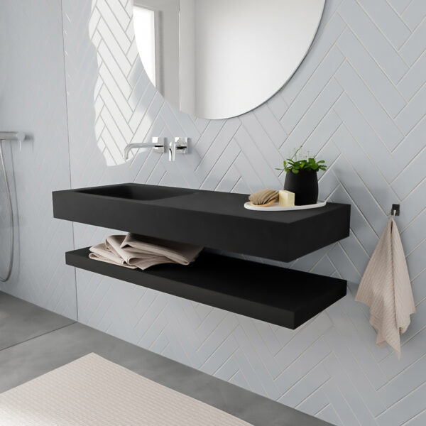 MONDIAZ ALAN badmeubel 120 solid surface planchet urban vrijhangend wastafel links zonder kraangat zwart