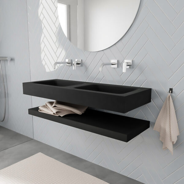 MONDIAZ ALAN badmeubel 120 solid surface planchet urban vrijhangend wastafel dubbel zonder kraangat zwart