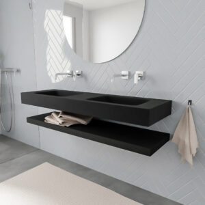MONDIAZ ALAN badmeubel 150 solid surface planchet urban vrijhangend wastafel dubbel zonder kraangat zwart