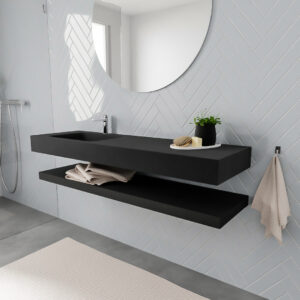 MONDIAZ ALAN badmeubel 150 solid surface planchet urban vrijhangend wastafel links 1 kraangat zwart