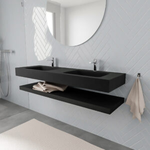 MONDIAZ ALAN badmeubel 150 solid surface planchet urban vrijhangend wastafel dubbel 2 kraangaten zwart