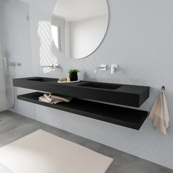 MONDIAZ ALAN badmeubel 200 solid surface planchet urban vrijhangend wastafel dubbel zonder kraangat zwart