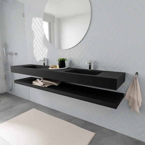MONDIAZ ALAN badmeubel 200 solid surface planchet urban vrijhangend wastafel dubbel 2 kraangaten zwart