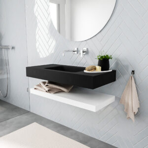 MONDIAZ ALAN badmeubel 100 solid surface planchet talc vrijhangend wastafel midden zonder kraangat zwart