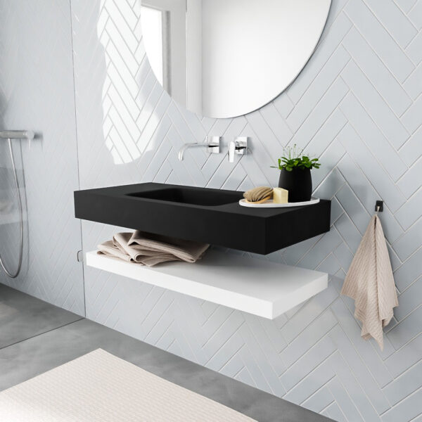 MONDIAZ ALAN badmeubel 100 solid surface planchet talc vrijhangend wastafel midden zonder kraangat zwart