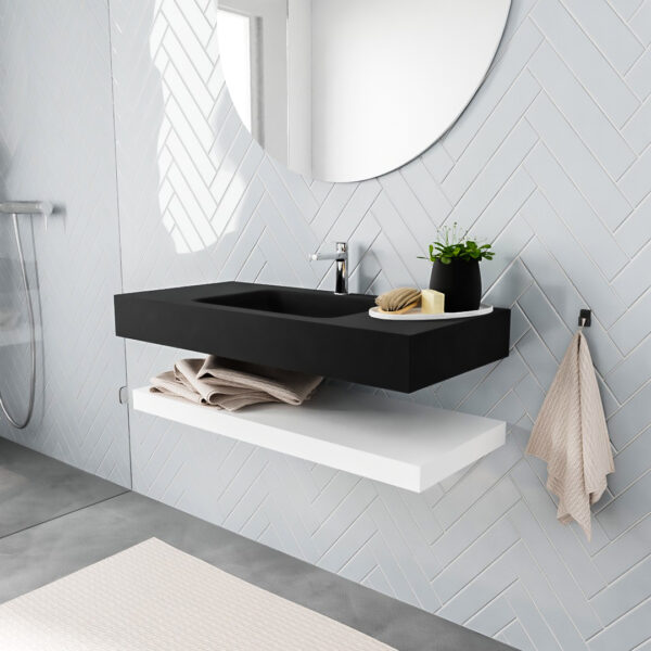 MONDIAZ ALAN badmeubel 100 solid surface planchet talc vrijhangend wastafel midden 1 kraangat zwart