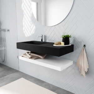 MONDIAZ ALAN badmeubel 100 solid surface planchet talc vrijhangend wastafel links 1 kraangat zwart