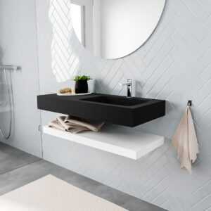 MONDIAZ ALAN badmeubel 100 solid surface planchet talc vrijhangend wastafel rechts 1 kraangat zwart